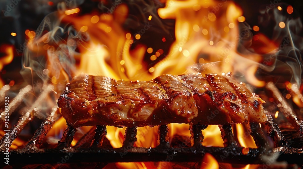Grilled pork on flaming BBQ