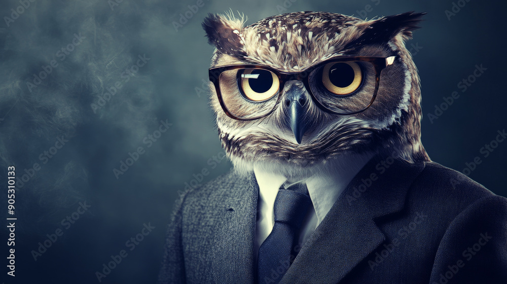 Portrait of a handsome fashionable owl. The owl is wearing a sleek tie and glasses, posing against a refined background. Portrait of a handsome fashionable owl. The owl is wearing a sleek tie and glasses, posing against a refined background.