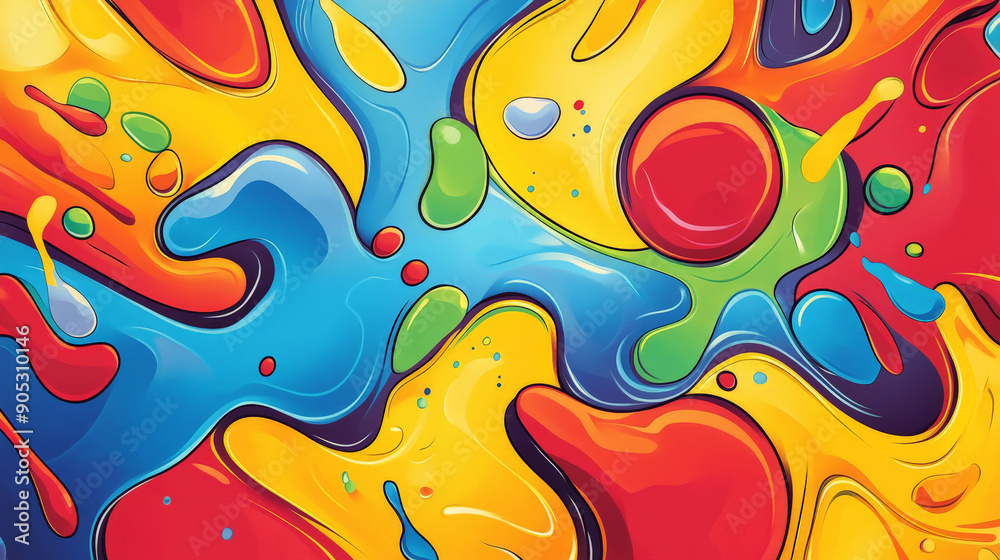 Fototapeta premium A vibrant color splash abstract cartoon background featuring bold splashes of red, blue, yellow, and green. The playful design includes swirling shapes and dynamic lines, creating an energetic and fun