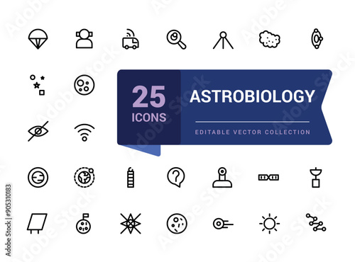 Astrobiology icon collection. Set Science outline icons collection. Minimal Linear icon editable vector stroke illustration.