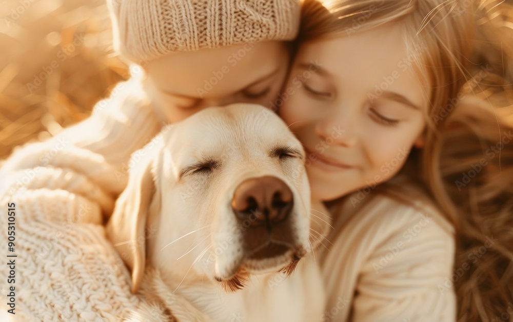 Young Girl Hugging Her Dog in a Sunlit Backyard During Golden Hour Celebrating Human-Animal Bond and Friendship Young Girl Hugging Her Dog in a Sunlit Backyard During Golden Hour Celebrating Human-Animal Bond and Friendship