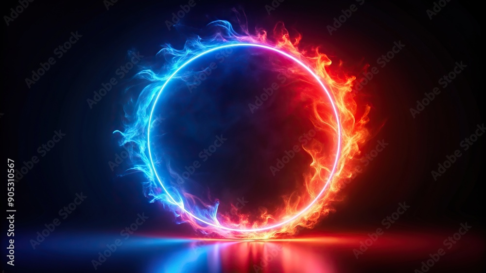 Fototapeta premium Red and blue neon glow ring with fire flame reflected, reflection, light, unique, dynamic, energy,neon, flame, colorful, blue, glow, shiny, abstract, design, concept, digital art
