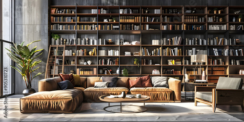 Loft luxury living room with bookshelf background