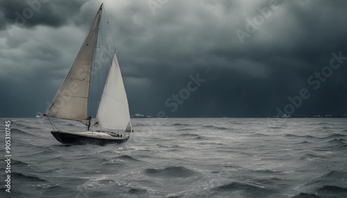 A small sailboat racing against time to reach the shore as a sudden thunderstorm rolls in, with dark clouds overhead and wind whipping through the sails. 