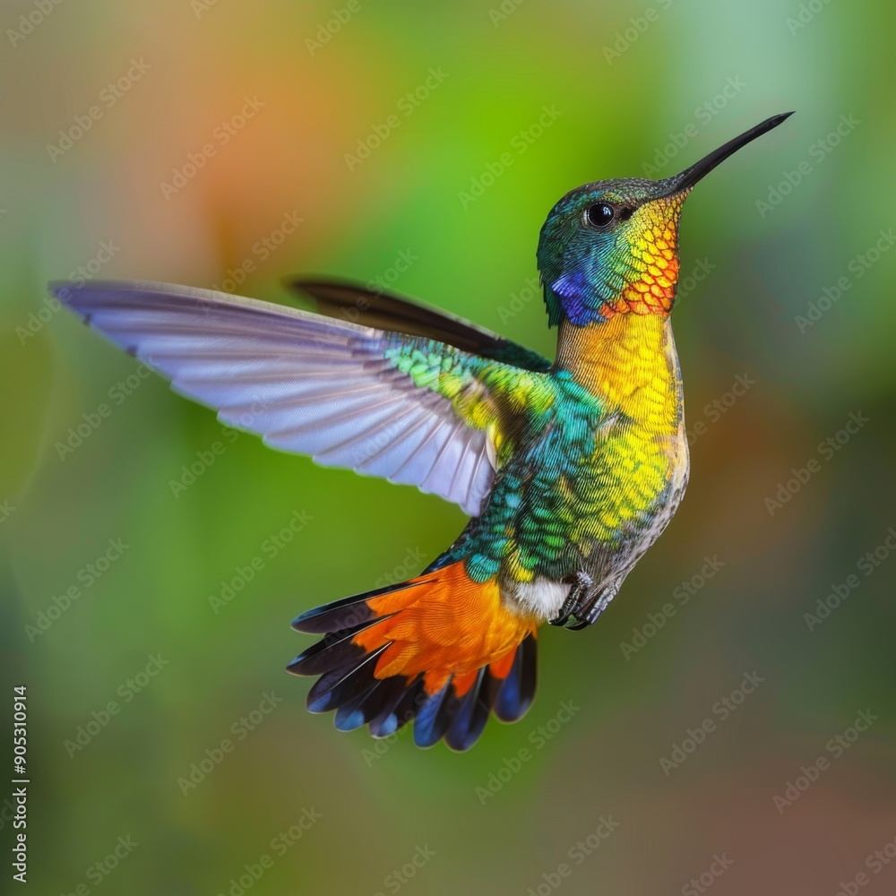 Fototapeta premium Sapphire-throated Hummingbird in Flight Over a National Park, a Majestic Display of Nature's Beauty and Wildlife Conservation Efforts