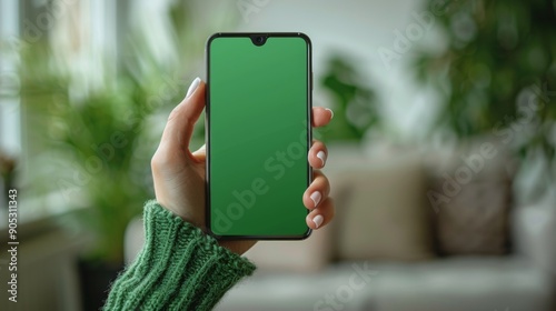Hand holding smartphone with blank green screen isolated on white background. Modern mobile device mockup concept