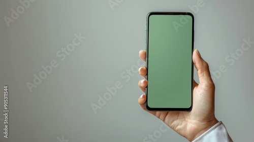 Hand holding smartphone with blank green screen, isolated on white background