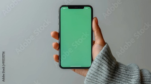 Hand holding smartphone with blank green screen, isolated on white background