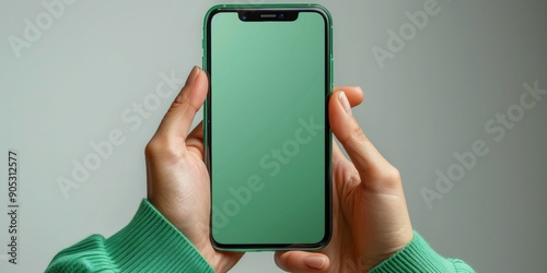 Hand holding smartphone with blank green screen, isolated on white background. Modern technology mockup