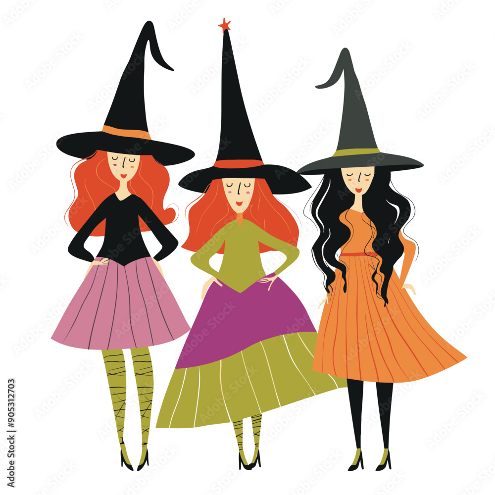 Three female witches cartoon characters, standing, colorful dresses, pointed hats, Halloween theme. Redhead, brunette, blackhaired witches, stylish, modern outfit, festive attire, happy expressions Three female witches cartoon characters, standing, colorful dresses, pointed hats, Halloween theme. Redhead, brunette, blackhaired witches, stylish, modern outfit, festive attire, happy expressions