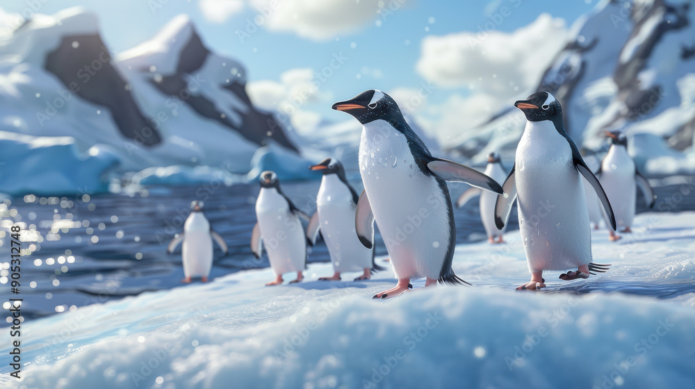 Obraz premium A group of playful penguins waddling across the icy landscape of Antarctica, with a scenic snowy backdrop.