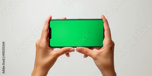 Hand holding smartphone with blank green screen, isolated on white background