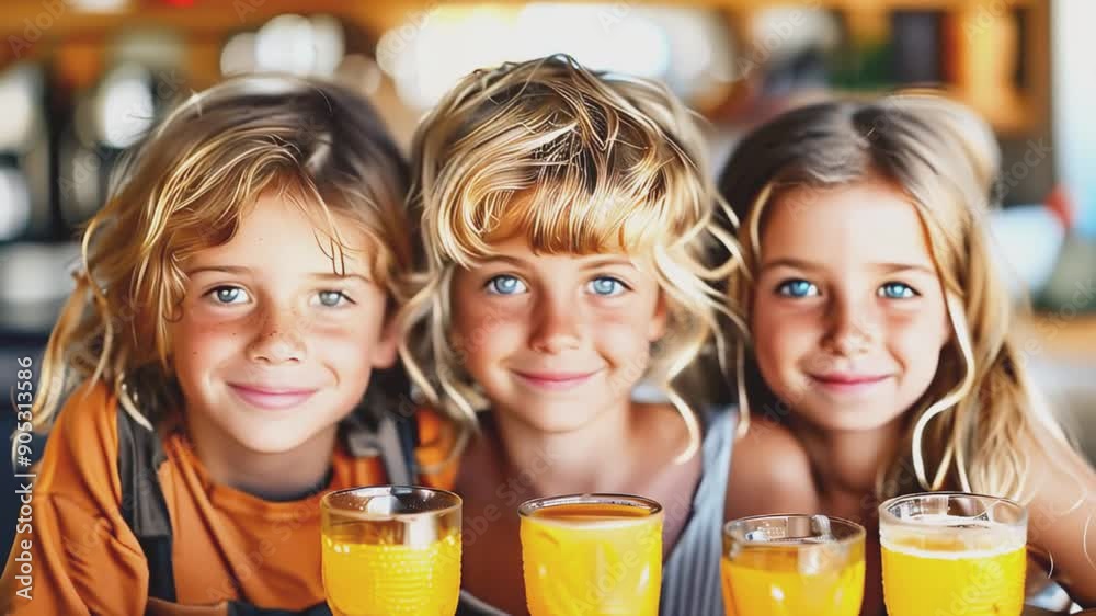 A couple of nine-year-olds are drinking juice in the kitchen. Focus on glasses with orange juice. Children out of focus A couple of nine-year-olds are drinking juice in the kitchen. Focus on glasses with orange juice. Children out of focus