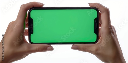 Hand holding smartphone with blank green screen, isolated on white background. Perfect for digital content and app mockups