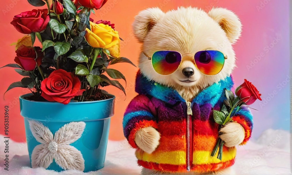 Obraz premium Bear in Rainbow Jacket Holding a Rose