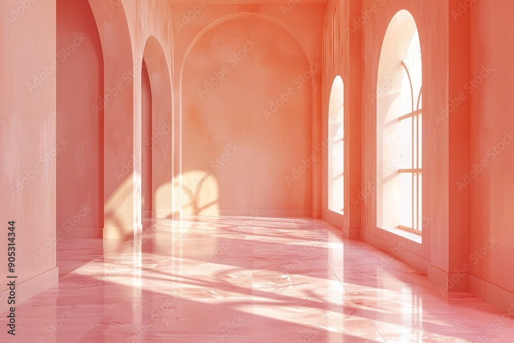 Fototapeta premium Empty peach color room interior, Generative AI