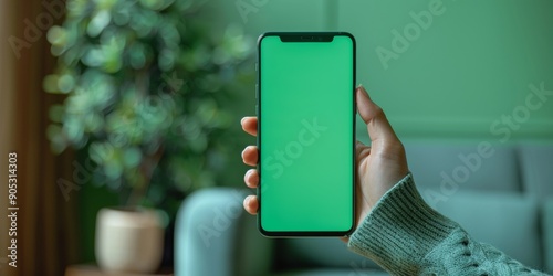 Human hand holding smartphone with blank green screen, minimalistic design, white background