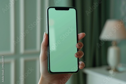 Human hand holding a smartphone with blank green screen, minimalistic design, isolated on white background. Modern tech mockup