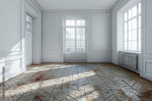 Top view of empty scandinavian style interior room, white wall and parquet floor, Generative AI