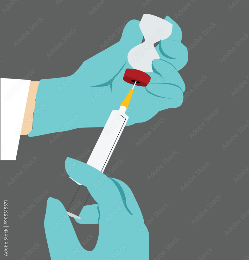 Vaccination and immunization. Syringe and ampoule close-up in the hands of the doctor. Hands in gloves. Doctor makes a vaccine. Vaccination and immunization. Syringe and ampoule close-up in the hands of the doctor. Hands in gloves. Doctor makes a vaccine.