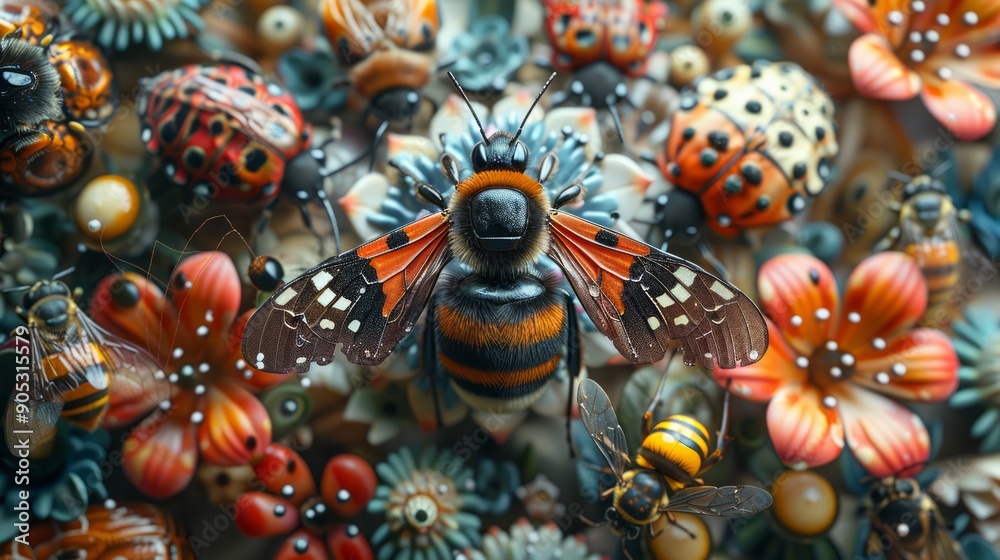 Fototapeta premium A detailed 3D-rendered 8K image of an array of insects, including bumblebees, spiders, and moths, each depicted with stunning realism.