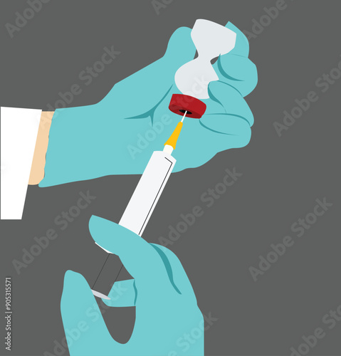 Vaccination and immunization. Syringe and ampoule close-up in the hands of the doctor. Hands in gloves. Doctor makes a vaccine. 