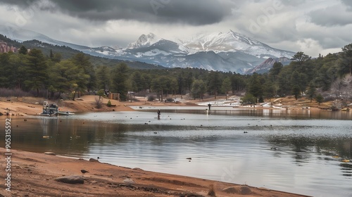 Manitou Lake on overcast day with snowy mountain pikes peak in background framed by patches of firest trees where people fish boat and hike : Generative AI photo