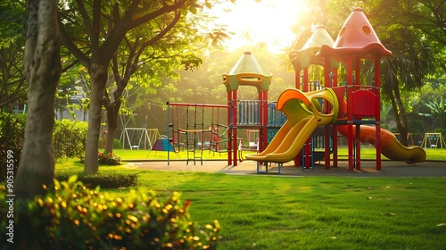 A children Colorful playground on yard in the park the green grass : Generative AI