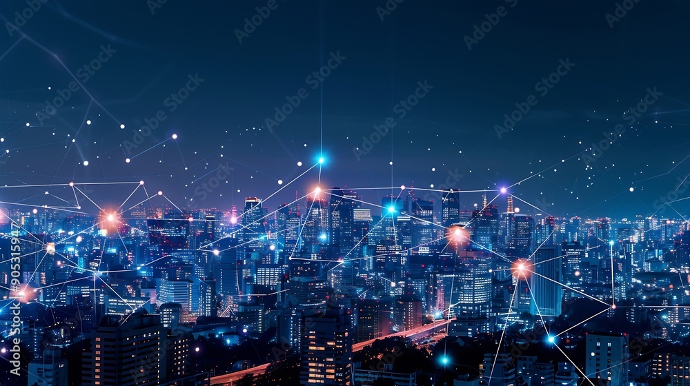 Fototapeta premium Global world telecommunication network Wireless Communication on modern cityscape background : Generative AI