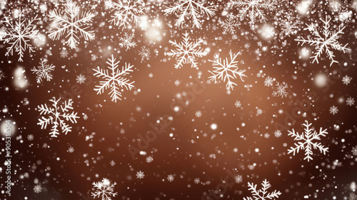 Snow-covered chocolate brown background with delicate white snowflakes, creating a warm and cozy Christmas winter design. The brown hue adds a rich, festive touch. photo