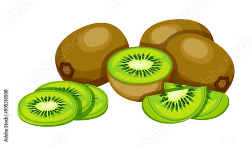 Delicious, fresh kiwi fruit in cartoon style. Vector illustration of healthy and nutritious different kiwi: whole, halves, slices, isolated on white background. Peeled and unpeeled kiwi.