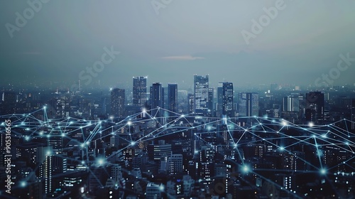 Wallpaper Mural Smart digital city with connection network reciprocity over the cityscape  Concept of future smart wireless digital city and social media networking systems that connects people within : Generative AI Torontodigital.ca