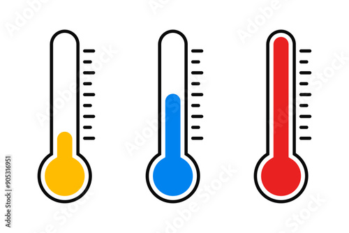 Thermometer temperature with yellow blue red scale, climate control, weather change, flat vector bicolor icon, weather icon. Temperature thermometer icon collection on white background.