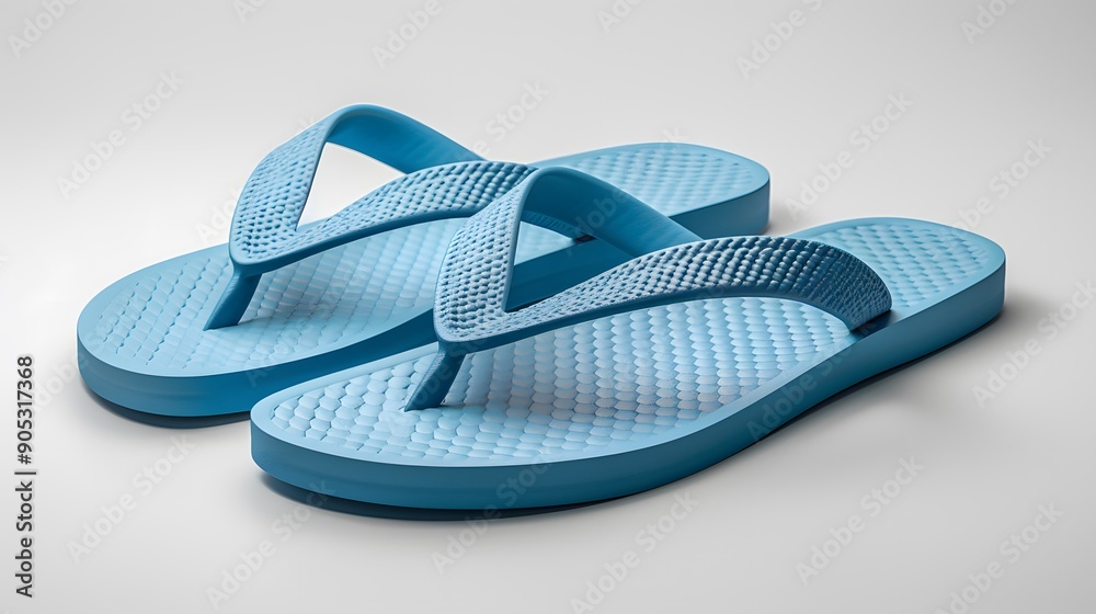 Blue flip flops, beach sandals, summer footwear, thong style, rubber texture, flat soles, casual beachwear, vibrant azure color, minimalist design, product photography. Blue flip flops, beach sandals, summer footwear, thong style, rubber texture, flat soles, casual beachwear, vibrant azure color, minimalist design, product photography.