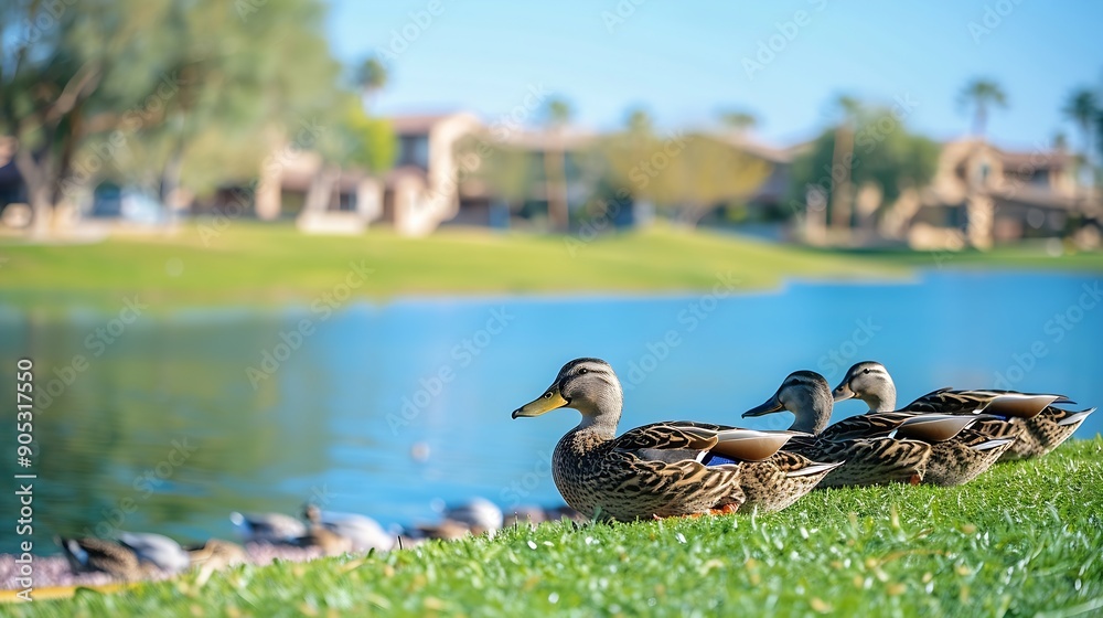 Fototapeta premium Ducks on a green grass next to blue water lake in Dos Lagos park recreation area Glendale Arizona : Generative AI