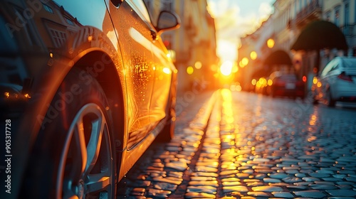 Car side mirror reflection, cobblestone street, golden hour sunlight, urban cityscape, parked cars, old buildings, warm color palette, lens flare, selective focus.