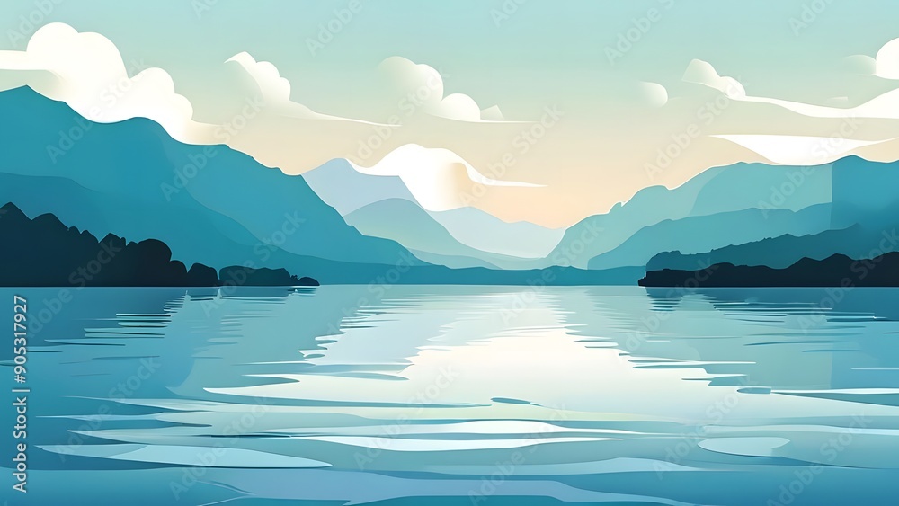 Tranquil Serene Lake with Cartoonish Mountains Background Generative AI Tranquil Serene Lake with Cartoonish Mountains Background Generative AI