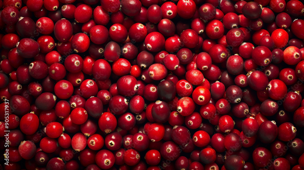 A vibrant and fresh background filled with ripe red cranberries. The cranberries' rich color and natural texture are prominently displayed, making the scene look incredibly appetizing. A vibrant and fresh background filled with ripe red cranberries. The cranberries' rich color and natural texture are prominently displayed, making the scene look incredibly appetizing.