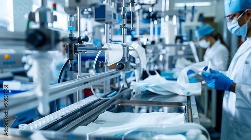 Factory worker inspecting production line automatic machine for manufacture of sterile medical bandage and masks made of non woven material : Generative AI