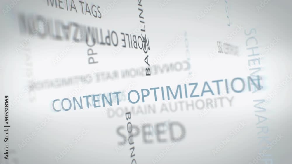 SEO word cloud with various concepts on the topic, animated flight through the collection infographic