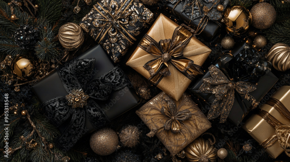Fototapeta premium A top view of luxurious gift packages in gold and black, adorned with elaborate bows, nestled among elegant tree trimmings and crystal ornaments. The overall look is festive and opulent.