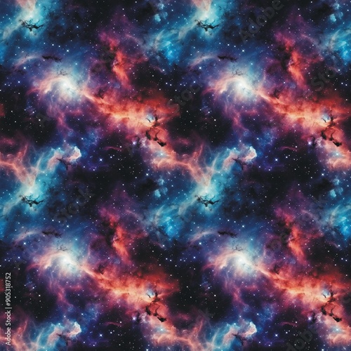 Space universe seamless pattern digital illustration. Space galaxy with stars and nebulae concept background. Cosmic creative poster. Cosmos digital illustration. AI artwork. 