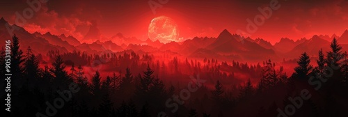 Red dawn with mountain silhouettes in the background