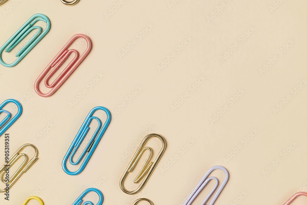 Obraz premium A row of colorful paper clips are arranged in a pattern on a white background. The clip colors include blue, pink, yellow, and green. Concept of creativity and organization