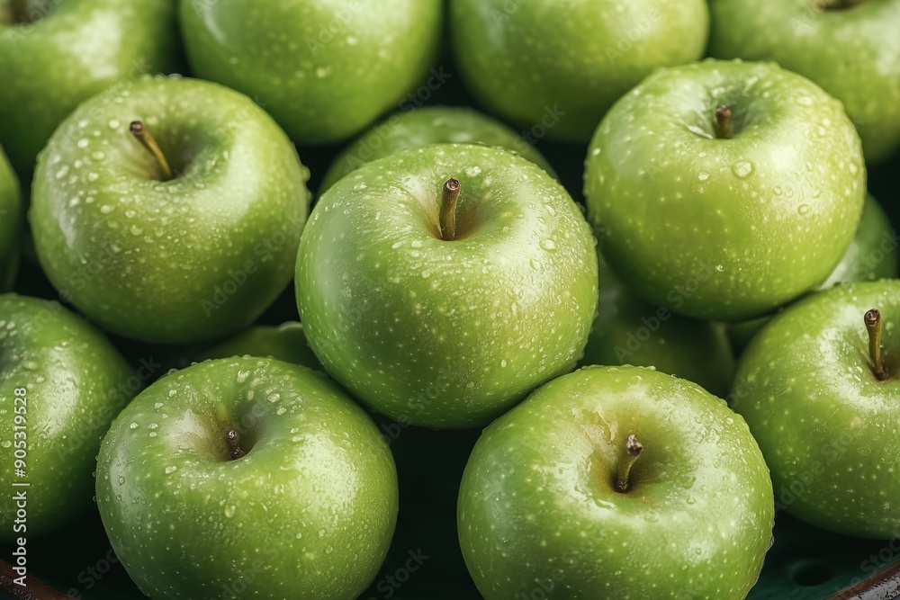 A bowl of green apples with a shiny, wet surface. The apples are arranged in a neat pile, with some of them overlapping each other. The bowl is placed on a table A bowl of green apples with a shiny, wet surface. The apples are arranged in a neat pile, with some of them overlapping each other. The bowl is placed on a table