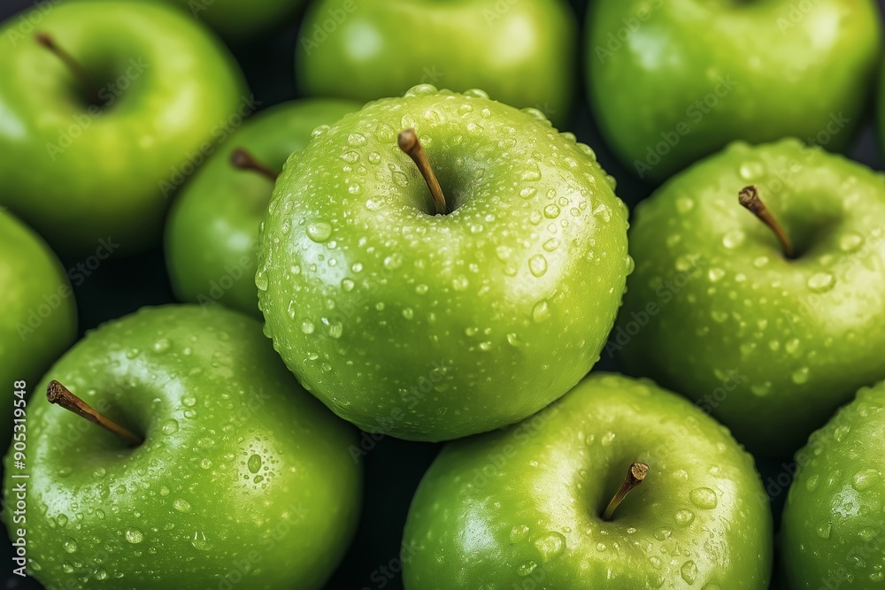 A bowl of green apples with a shiny, wet surface. The apples are arranged in a neat pile, with some of them overlapping each other. The bowl is placed on a table A bowl of green apples with a shiny, wet surface. The apples are arranged in a neat pile, with some of them overlapping each other. The bowl is placed on a table