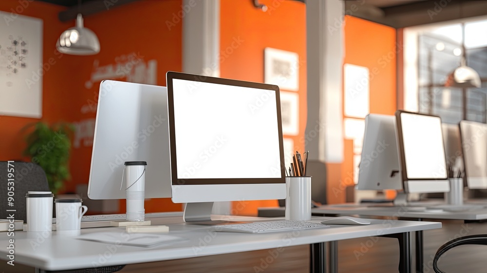 Modern open office space with blank computer screens, bright orange accent wall, and minimalist desk setups. Modern open office space with blank computer screens, bright orange accent wall, and minimalist desk setups.