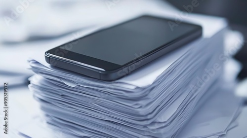 Smartphone on top of a stack of documents, depicting modern technology and paperwork in a business or office setting.