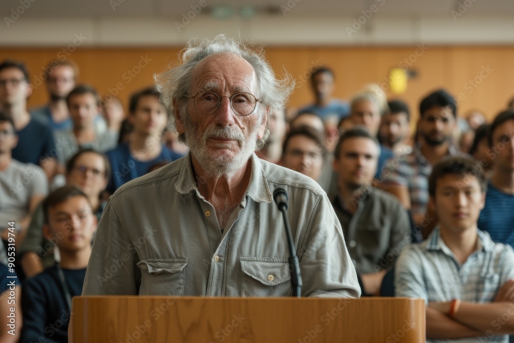 An elderly man speaks at a podium to an attentive audience in a formal gathering, sharing wisdom and insights derived from years of knowledge, symbolizing experience and leadership. An elderly man speaks at a podium to an attentive audience in a formal gathering, sharing wisdom and insights derived from years of knowledge, symbolizing experience and leadership.