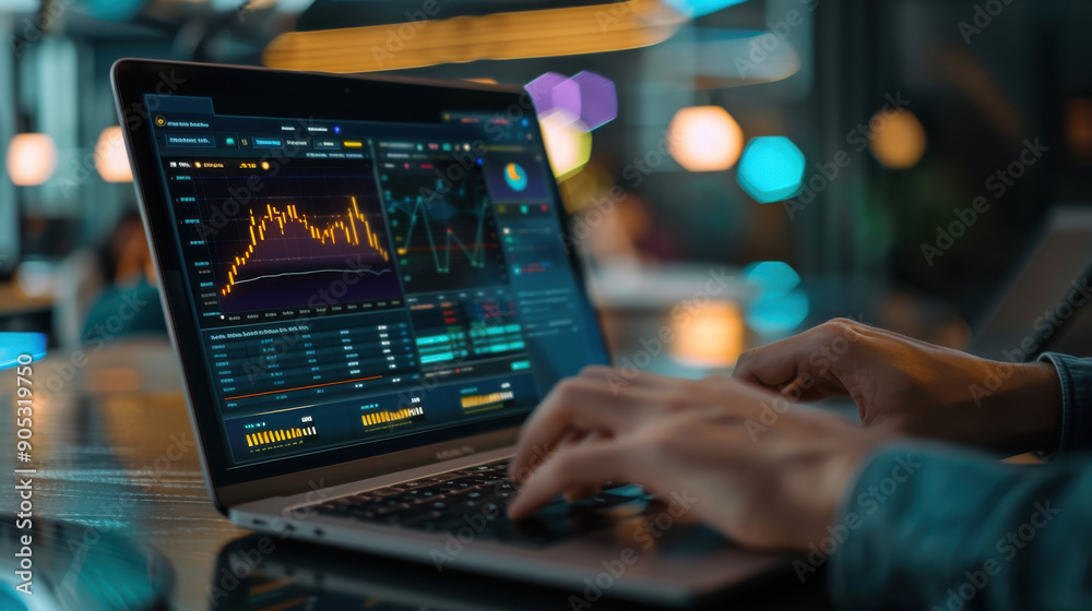 A marketer focused on a laptop screen showing performance metrics of digital ads. Online advertising campaigns and graphical data interface analysis. A marketer focused on a laptop screen showing performance metrics of digital ads. Online advertising campaigns and graphical data interface analysis.